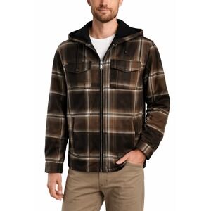 Mens Brown Plaid Full Zip Hooded Shirt Jacket Workwear Style Large
